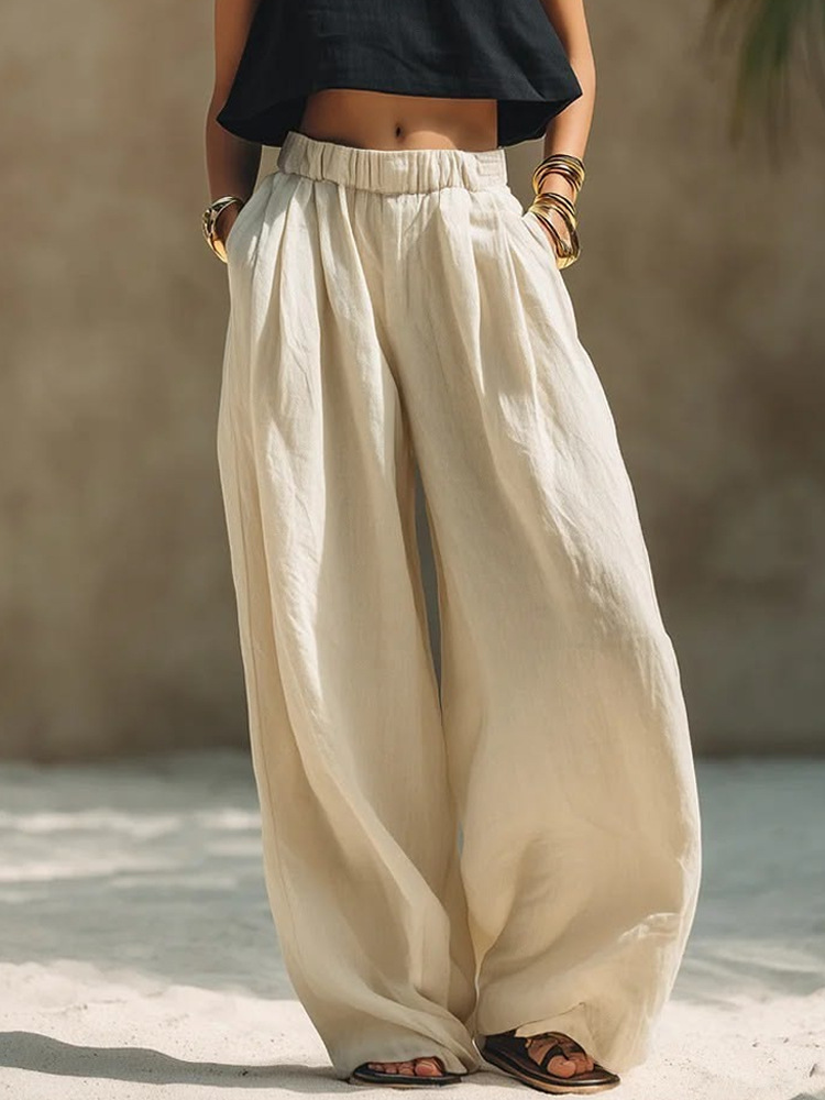 Women's Cotton-Linen Wide-Leg Pants Solid Color Elastic Waist Loose Casual