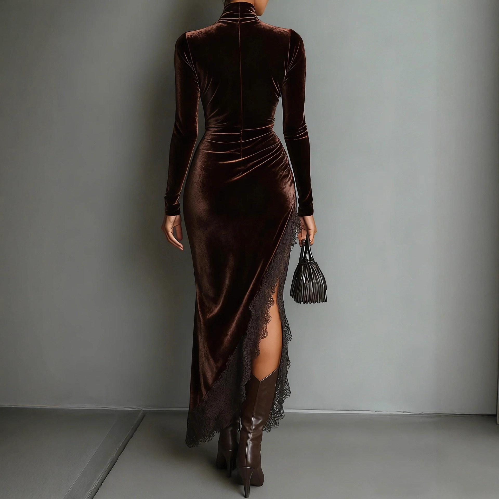 High Neck Velvet Long Sleeve Bodycon Dress with Open Back and Ruched Details