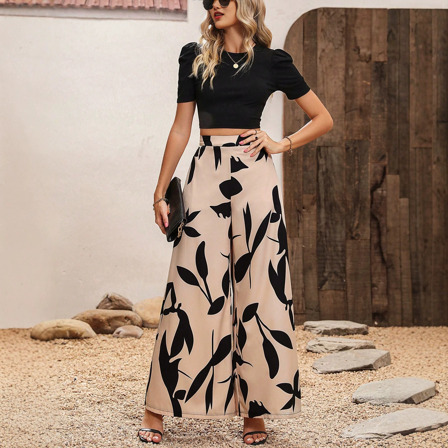 Women's Black Puff Sleeve Crop Top and Botanical Print Wide-Leg Pants Set