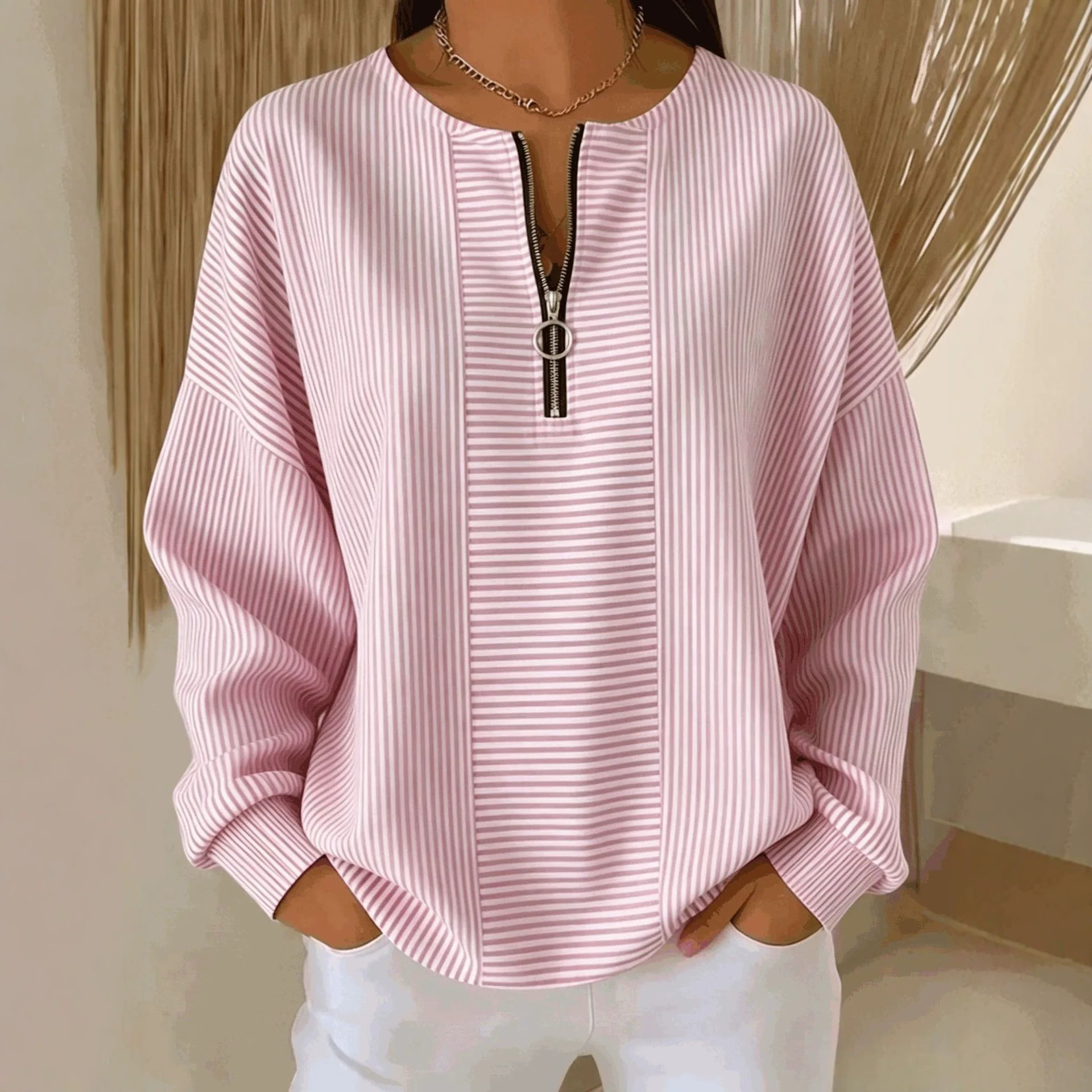 Women's Retro Striped Zip-Front Polo Top Casual Loose Fit