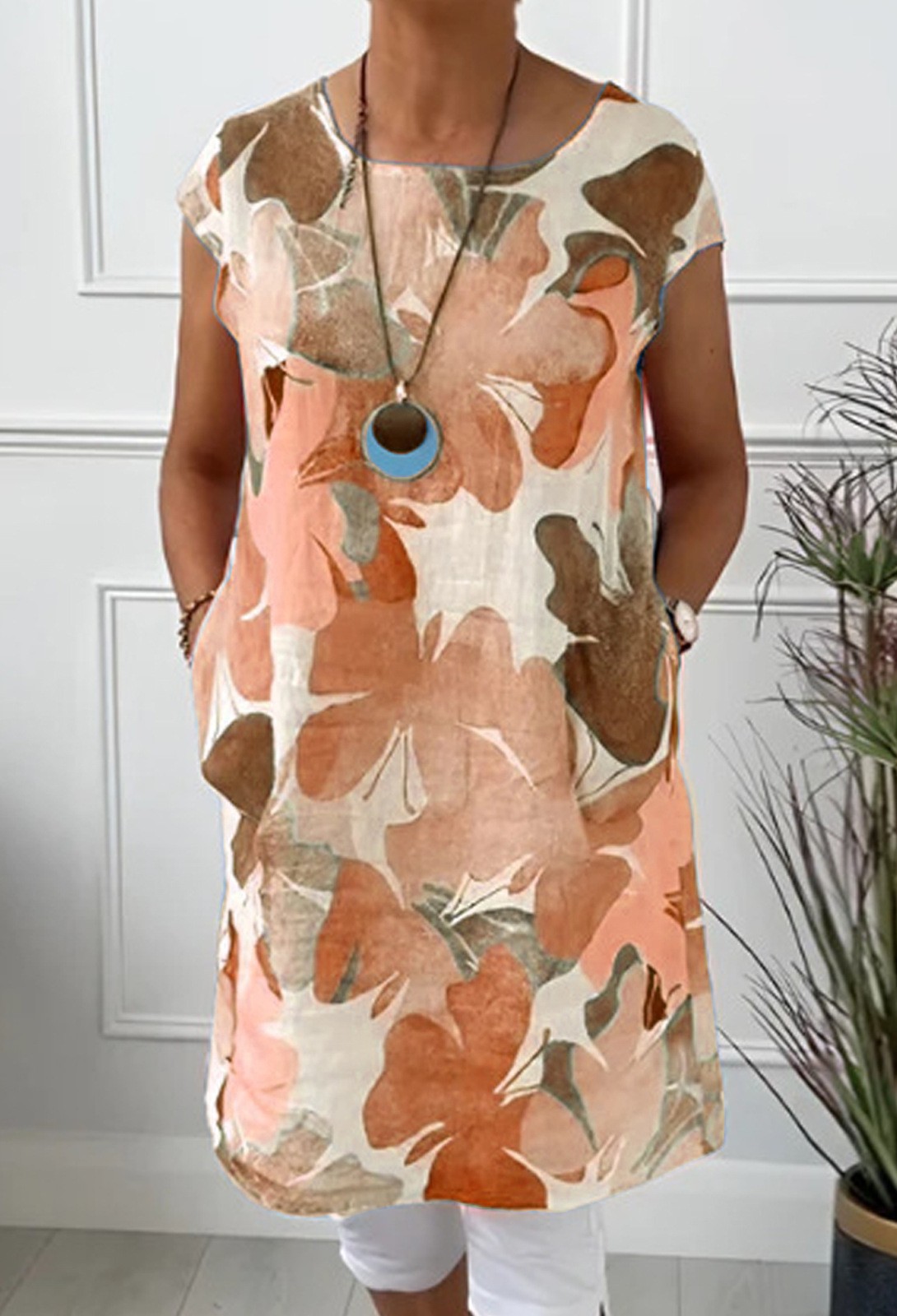 Floral Print Round Neck Loose Dress with Pockets