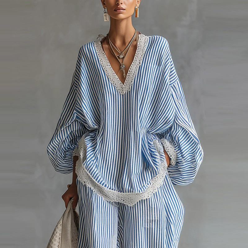 Blue & White Striped Lace Trim Loose Two-Piece Set with Long Sleeve Top and Wide-Leg Pants