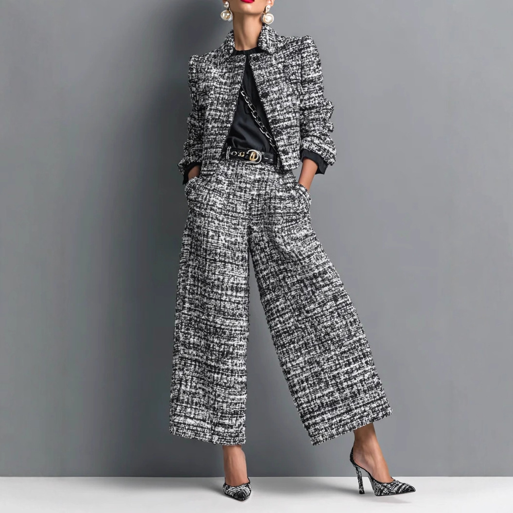 Women's Collared Slim-Fit Long-Sleeve Cropped Jacket and Wide-Leg Pants Set