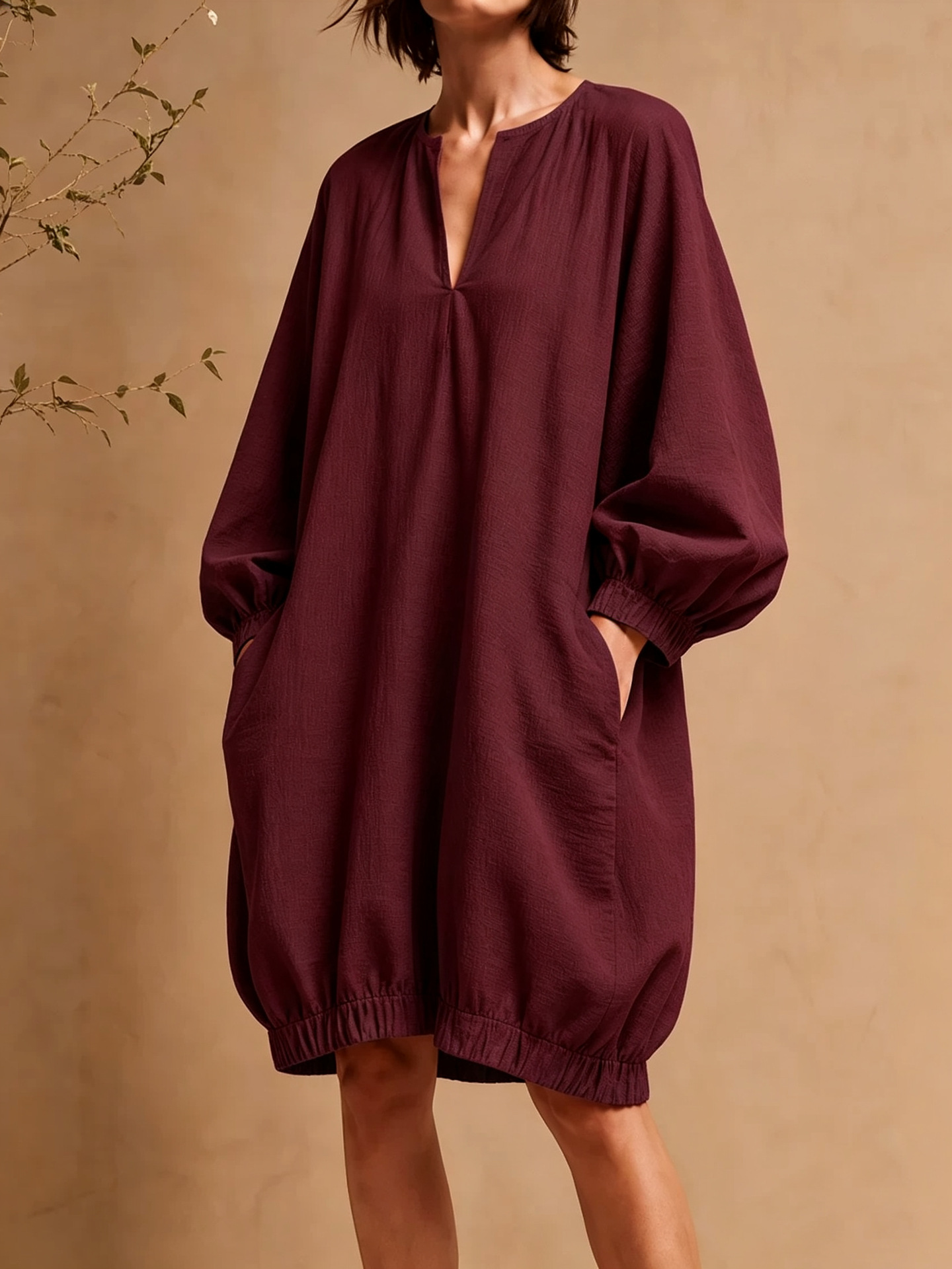 Women's V-Neck Loose Midi Dress with Lantern Sleeves