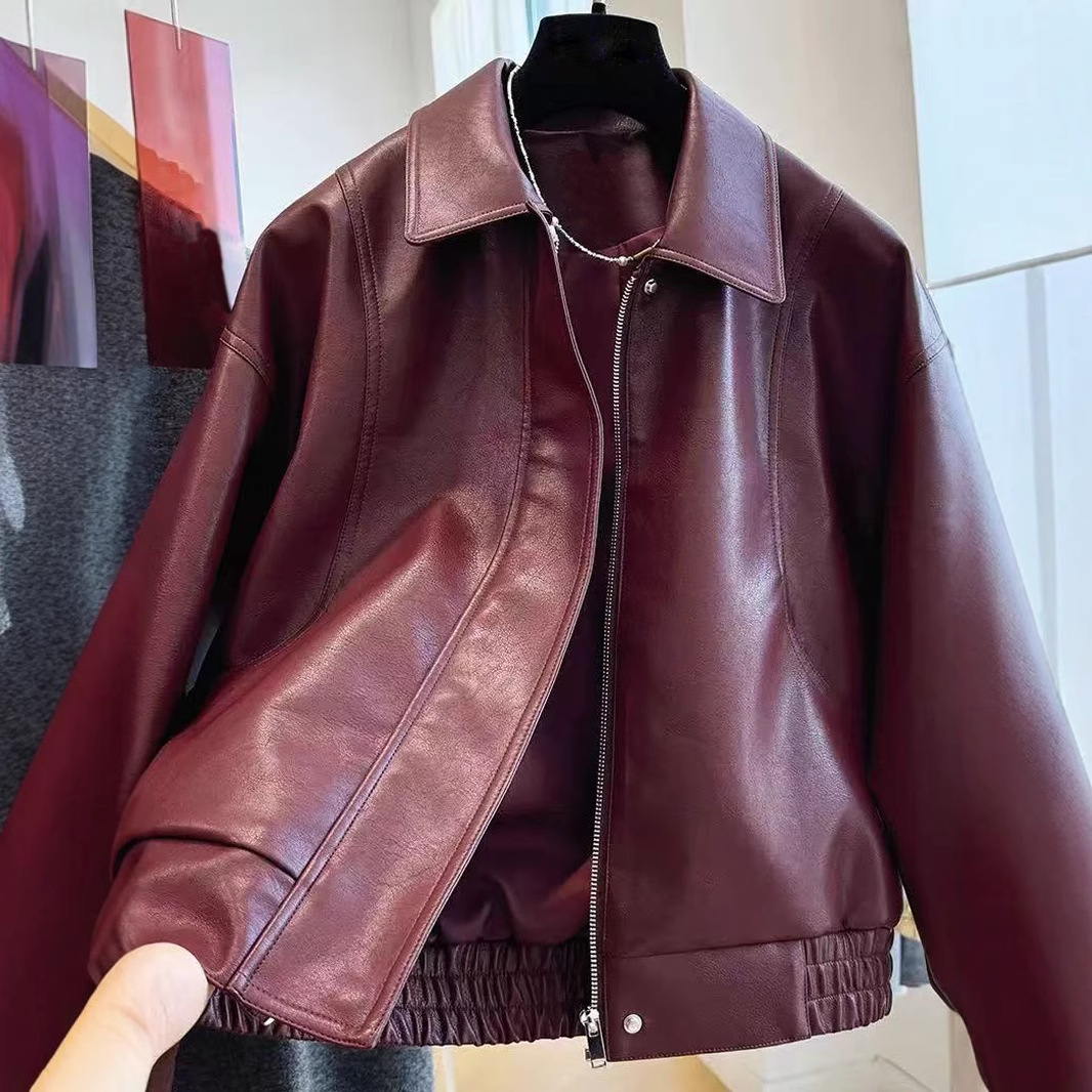 Women's Faux Leather Jacket with Lapel Collar, Relaxed Cropped Fit
