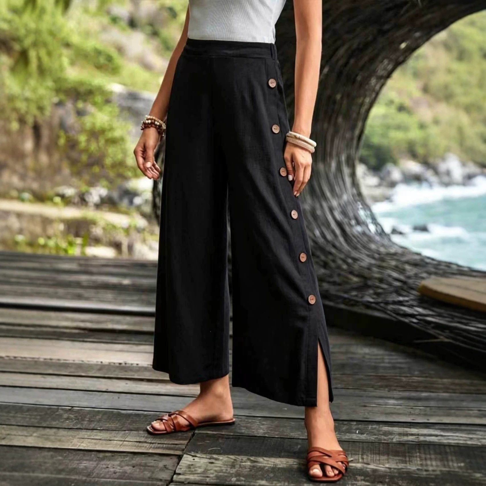 Cotton-Linen Wide-Leg Split Hem Pants