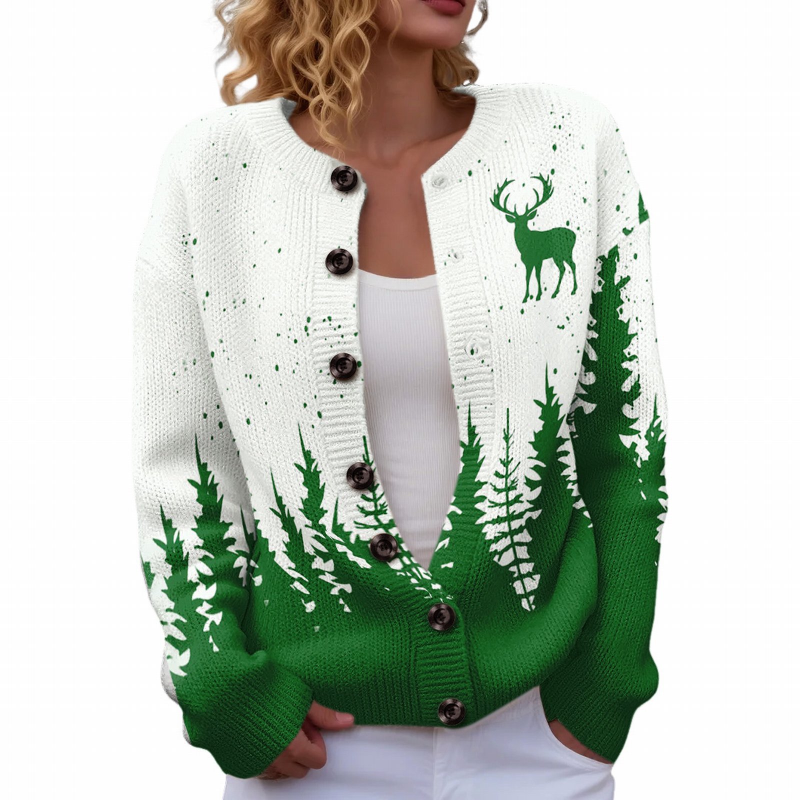 Women's Christmas Reindeer Forest Print Button Cardigan Sweater