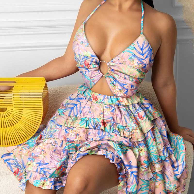 Women's Cutout Halter V-Neck Tiered Dress