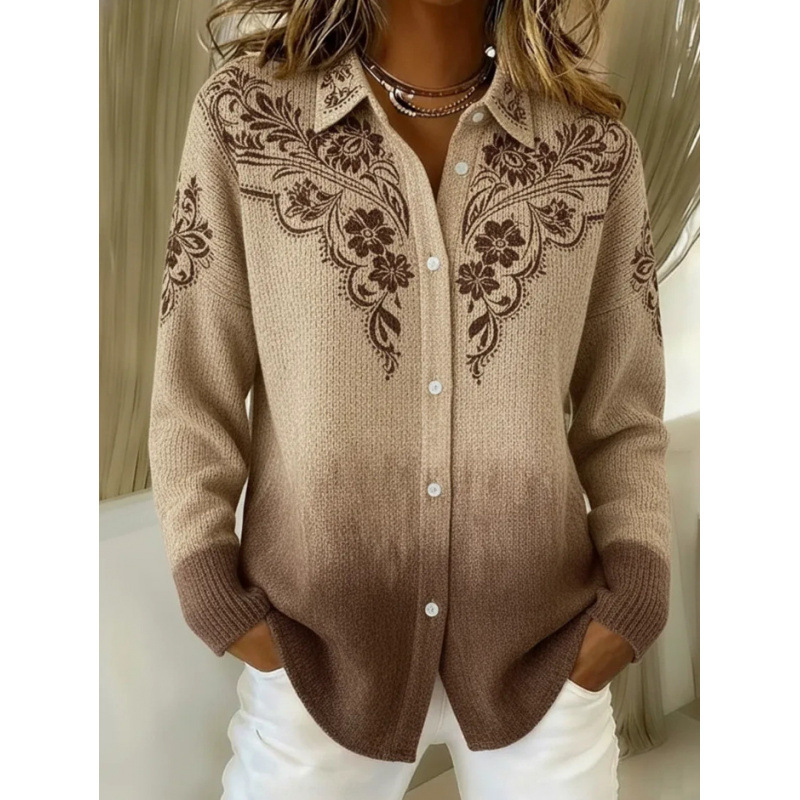 Women's Collared Button-Front Cardigan Sweater, Solid 3D Print Knit, Loose Fit