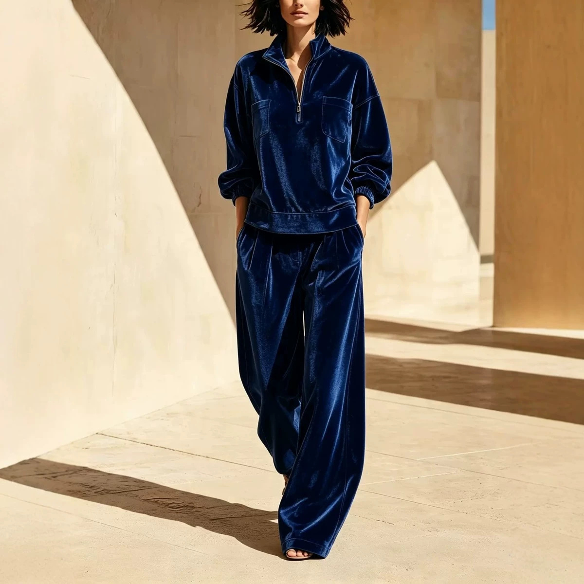 Velvet Lounge Set for Women Long Sleeve Half-Zip Top and Wide-Leg Pants Two-Piece