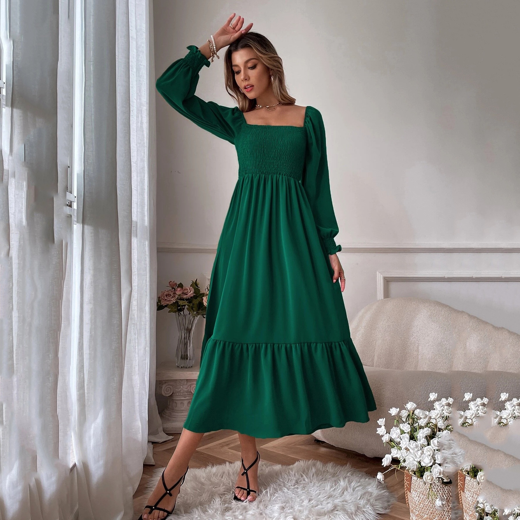 Square Neck Ruffle Long Sleeve High Waist Bodycon Dress
