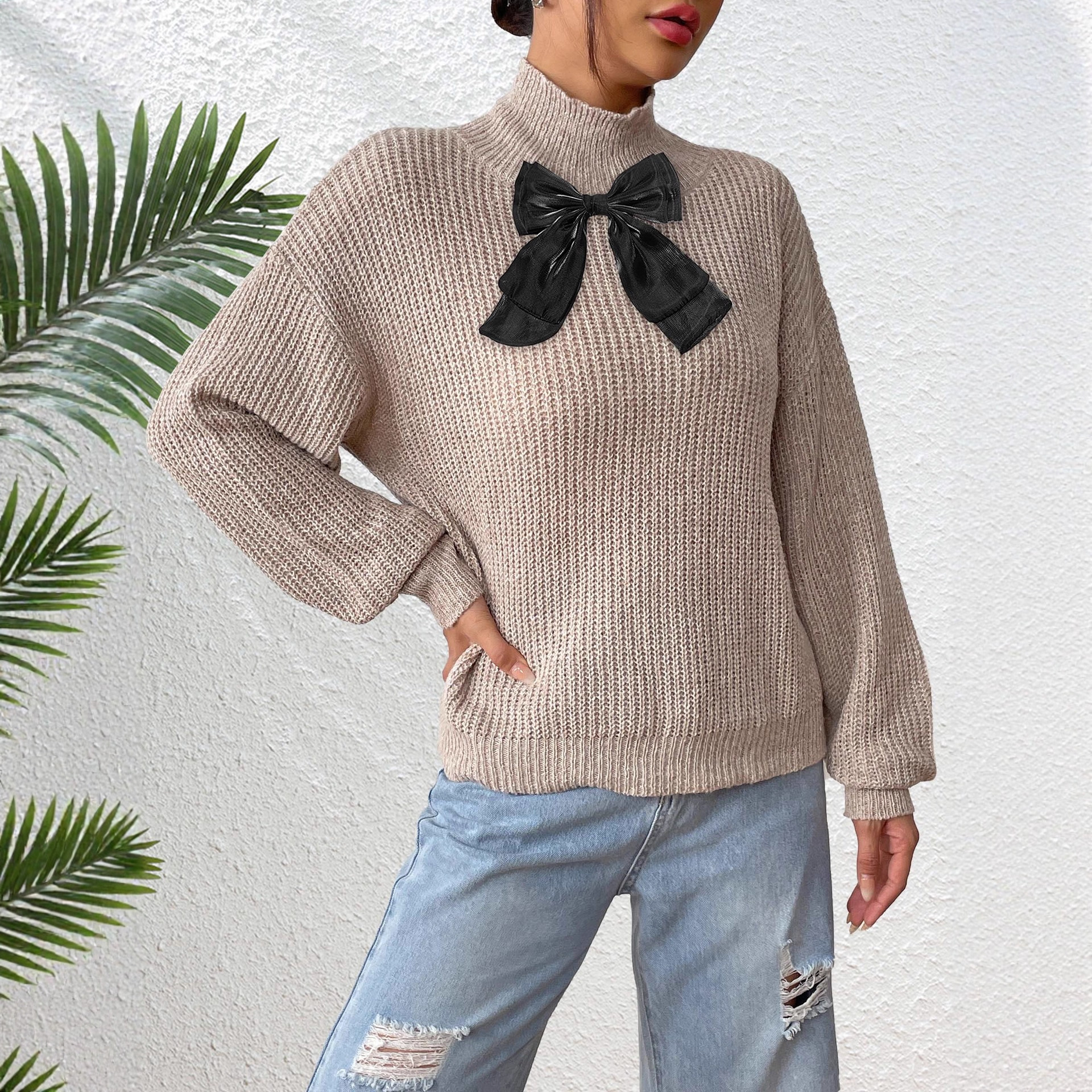 Women's Half-Turtleneck Pullover Sweater with Black Mesh Bow Colorblock
