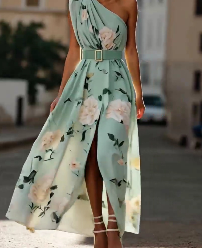 One-Shoulder Floral Print Sleeveless Maxi Dress with Belt