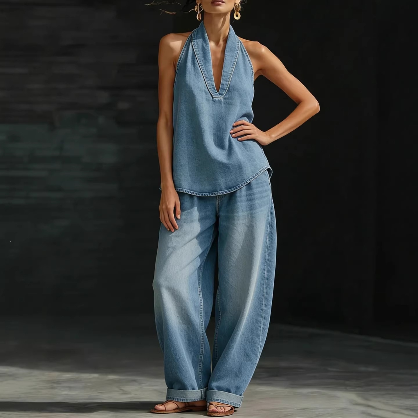 Women's Vintage Washed Denim Two-Piece Set with Straight-Leg Pants