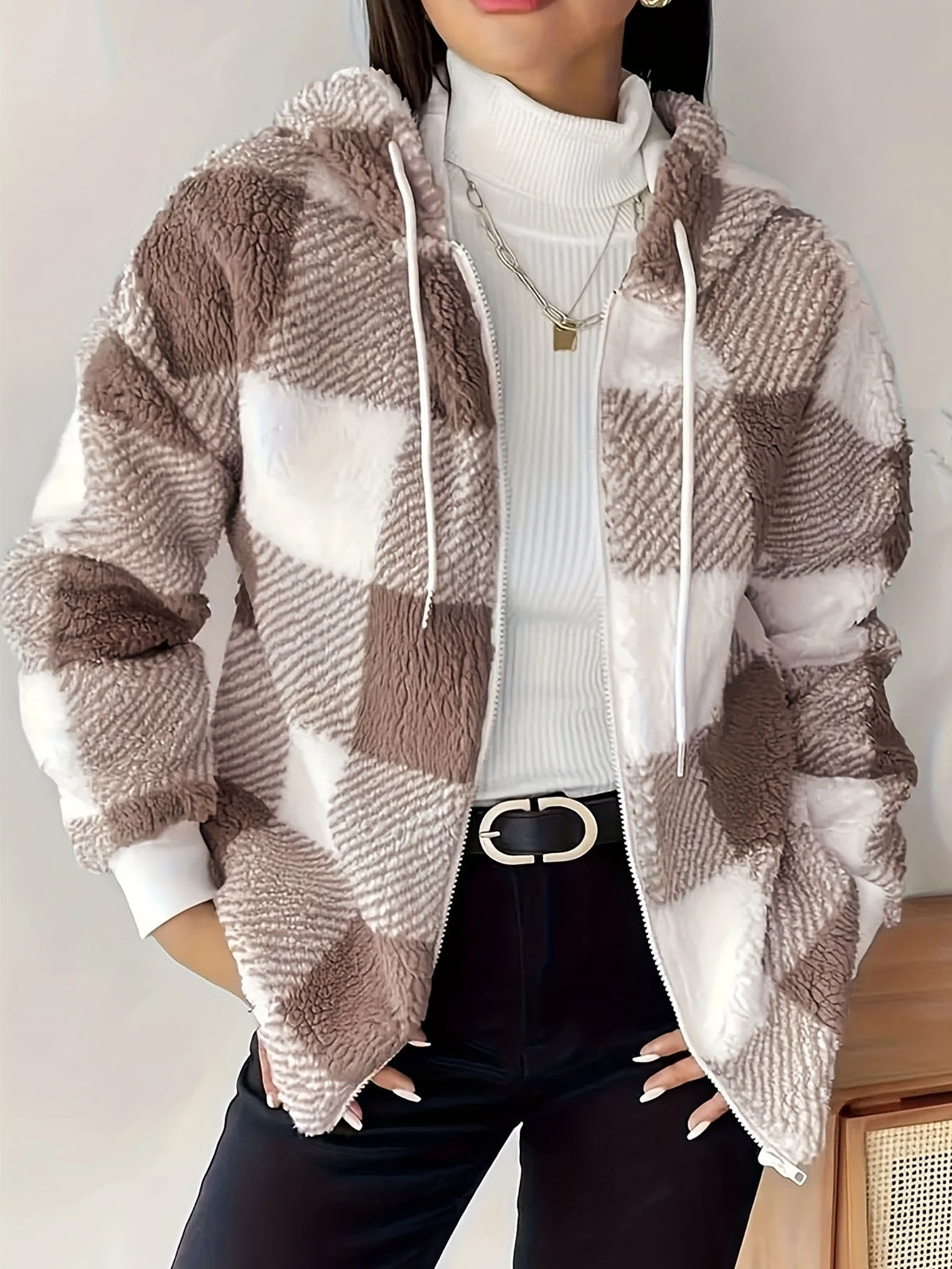 Plaid Hooded Zip-Up Cardigan Coat Loose Fit Long Sleeve Fuzzy Knit