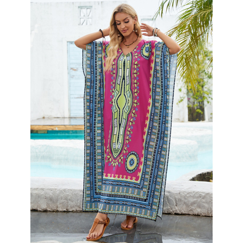 Printed Long Sleeve V-Neck Beach Cover-Up Dress