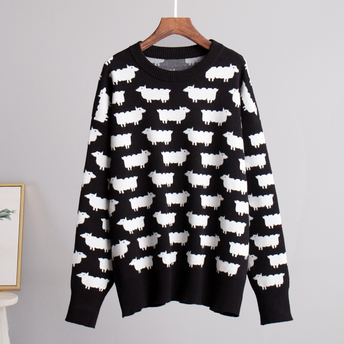 Alpaca Jacquard Crewneck Sweater Women's Loose Pullover
