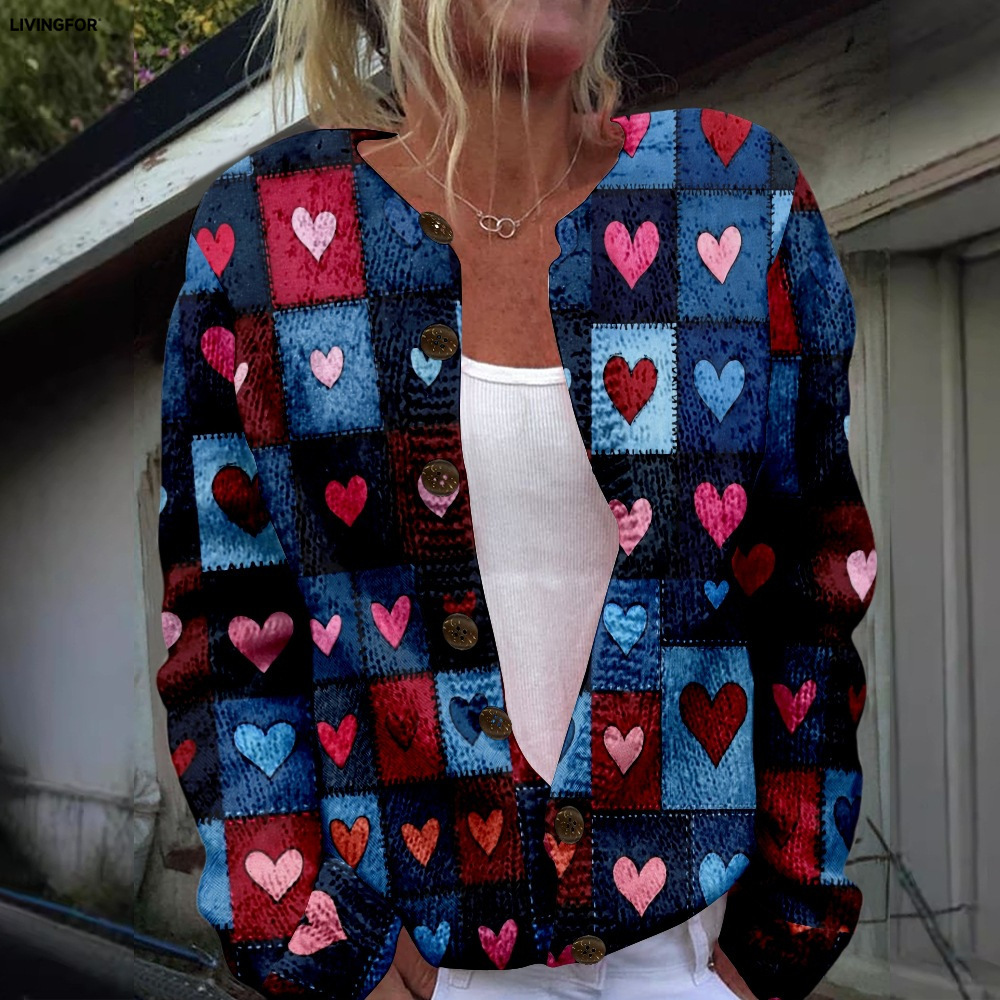 Women's Heart & Flower Print Button Cardigan Sweater
