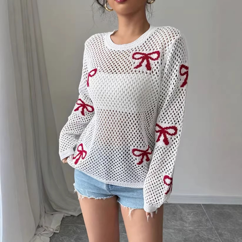 Women's Sheer Open-Knit Bow Jacquard Cover-Up Sun Protection Top