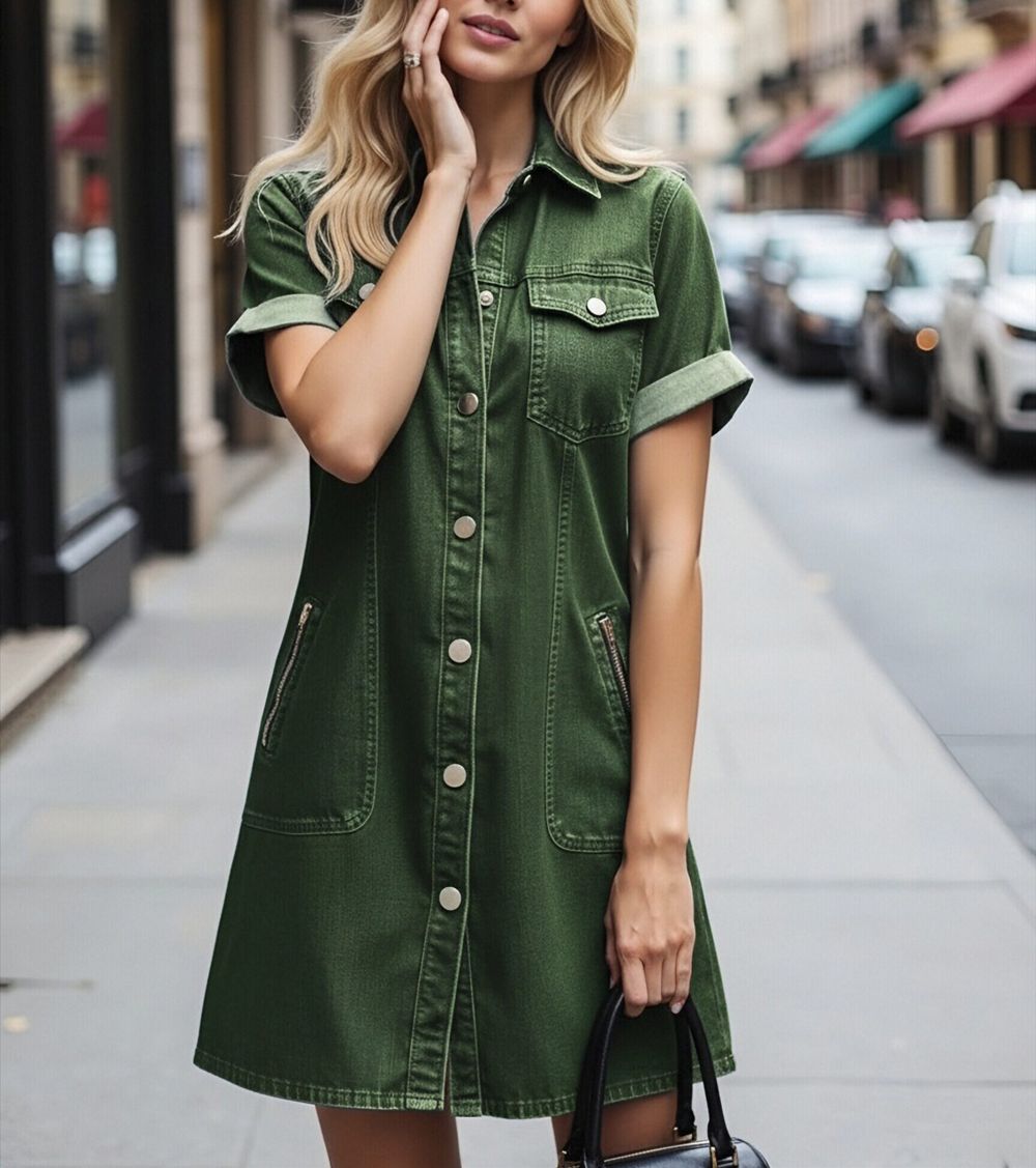 Women's Denim Midi A-Line Dress Short Sleeve Button-Front Shirt Collar
