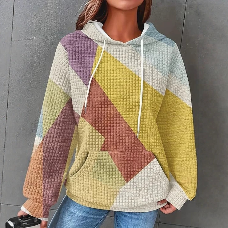 Women's Colorful Waffle Print Casual Hoodie