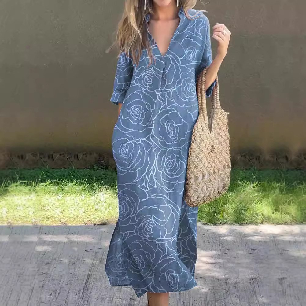 Women's Casual V-Neck Slit Printed Linen-Look Midi Dress