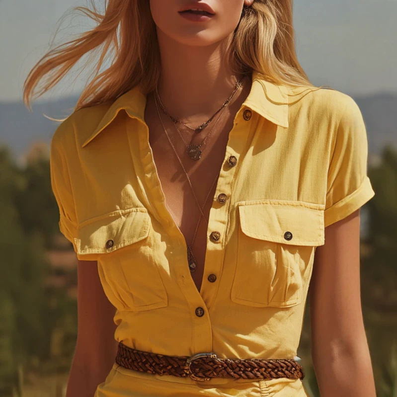 Retro Yellow Polo Collar Pleated Mini Dress