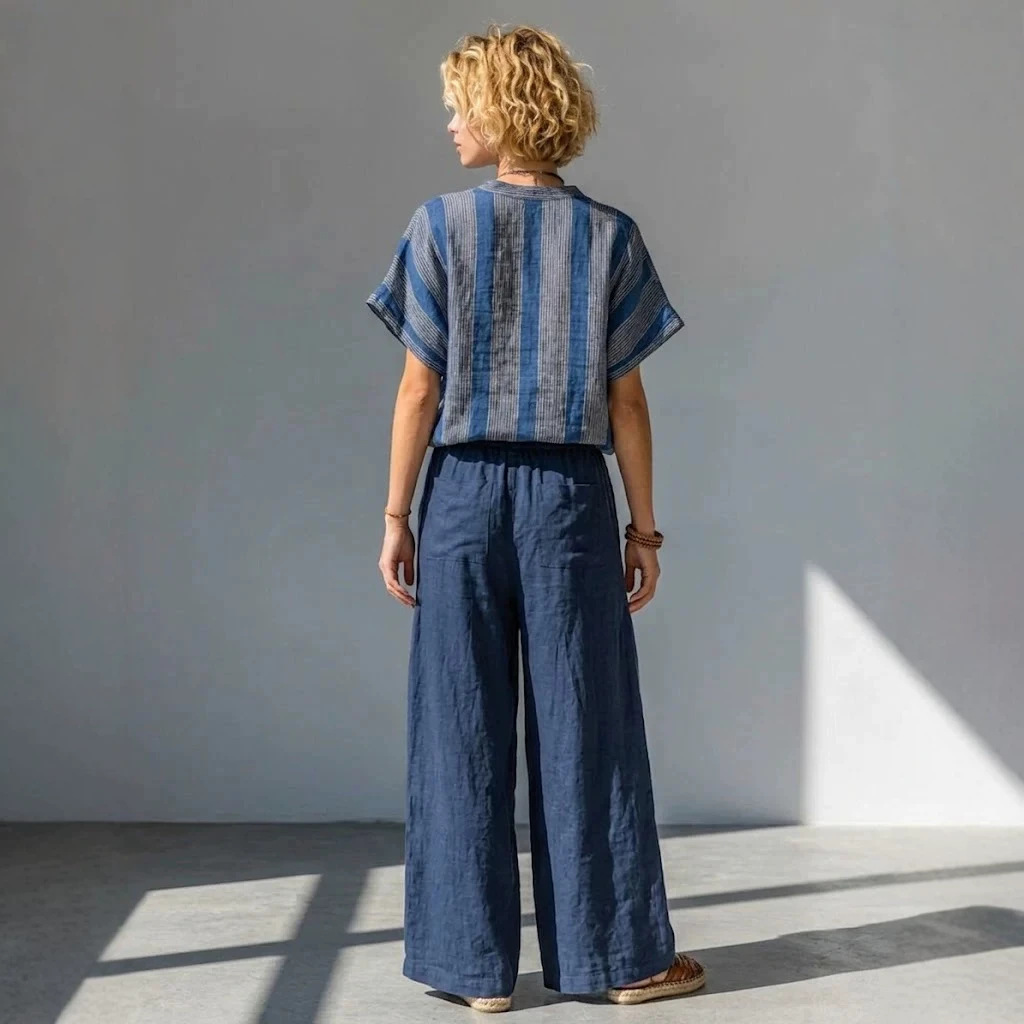 Blue-Gray Striped V-Neck Loose Top & Cotton-Linen Wide-Leg Pants Set