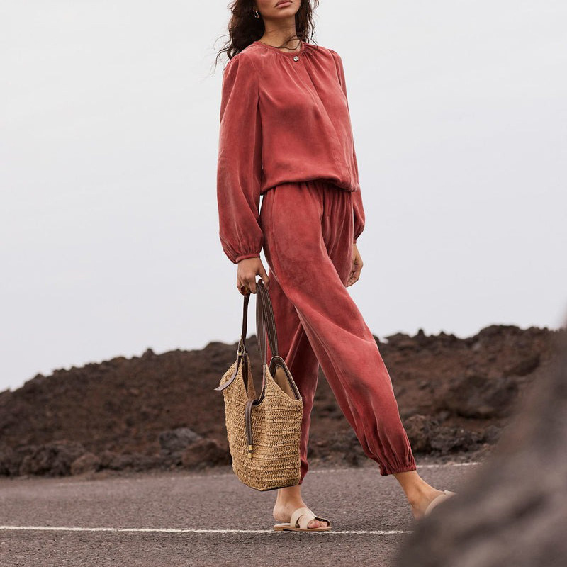 Women's Casual Wide-Leg Pants Long-Sleeve Crewneck Solid Color Slim Two-Piece Set