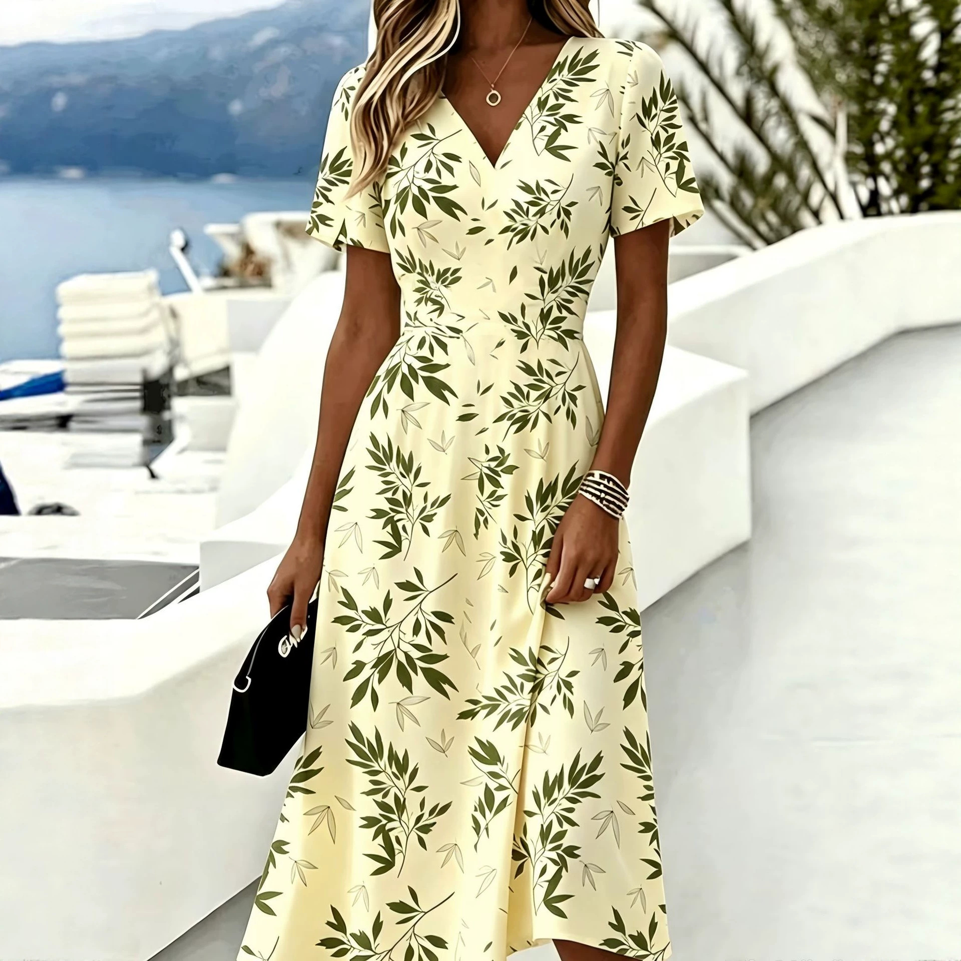 Women's Floral Leaf Print Casual Midi Dress with Deep V-Neck and Short Sleeves