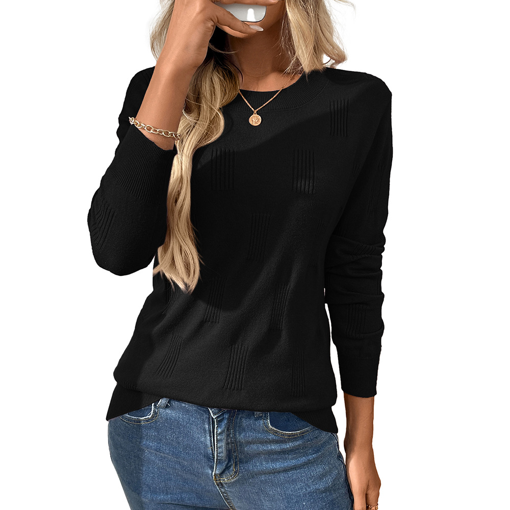 Solid Crewneck Pullover Knit Sweater with Scratch Detail Long Sleeve