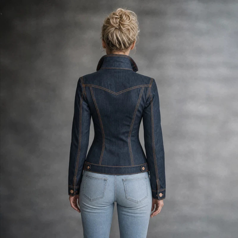 Retro Slim-Fit Dark Denim Jacket with Orange Contrast Stitching