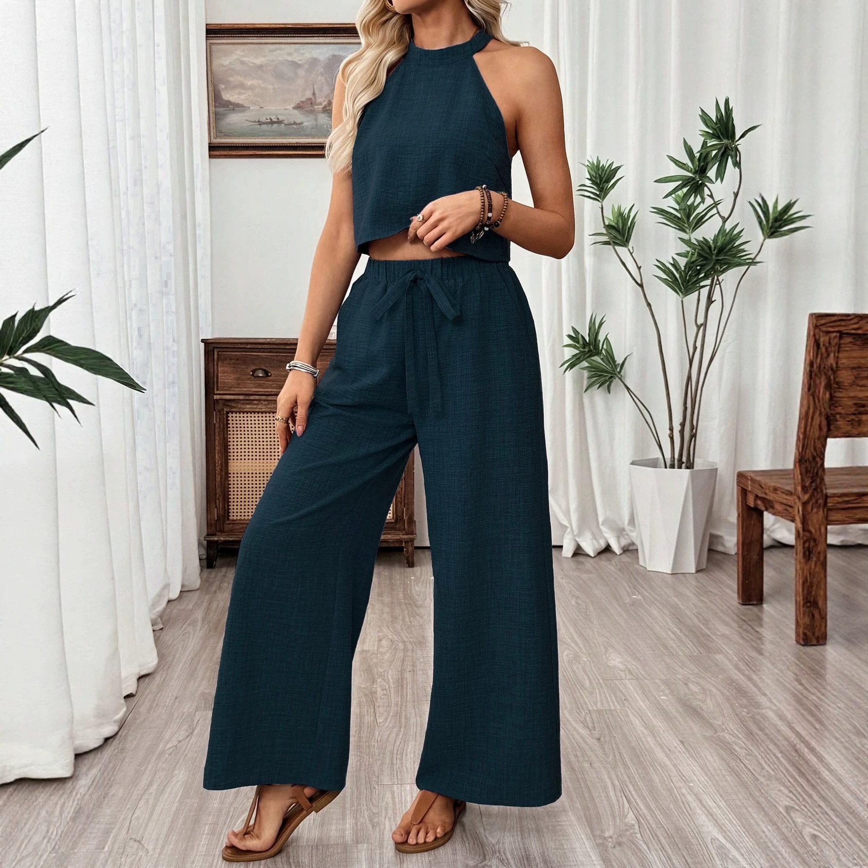 Women's Halter Sleeveless Crop Top and Wide-Leg Pants Set Casual Two-Piece