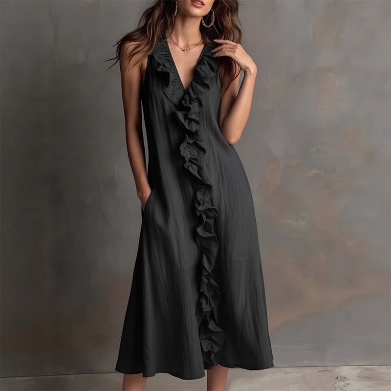 Women's Summer Sleeveless V-Neck Lace Trim Solid Color Loose Casual Dress