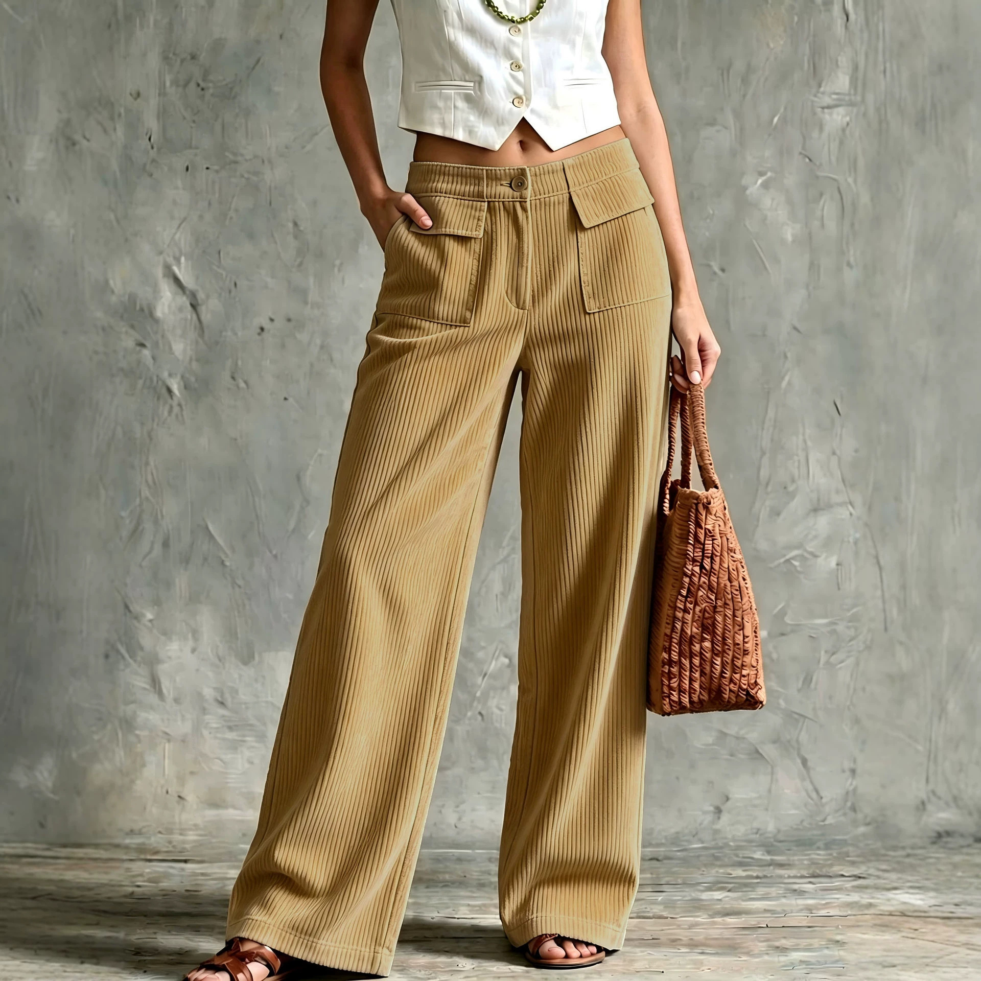 Women's Corduroy Wide-Leg Pants High Waist Straight Two Pockets