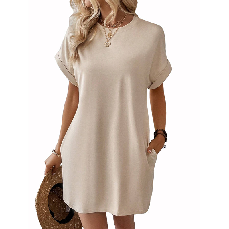 Women's Solid Crewneck Short Sleeve Pocket Midi Dress