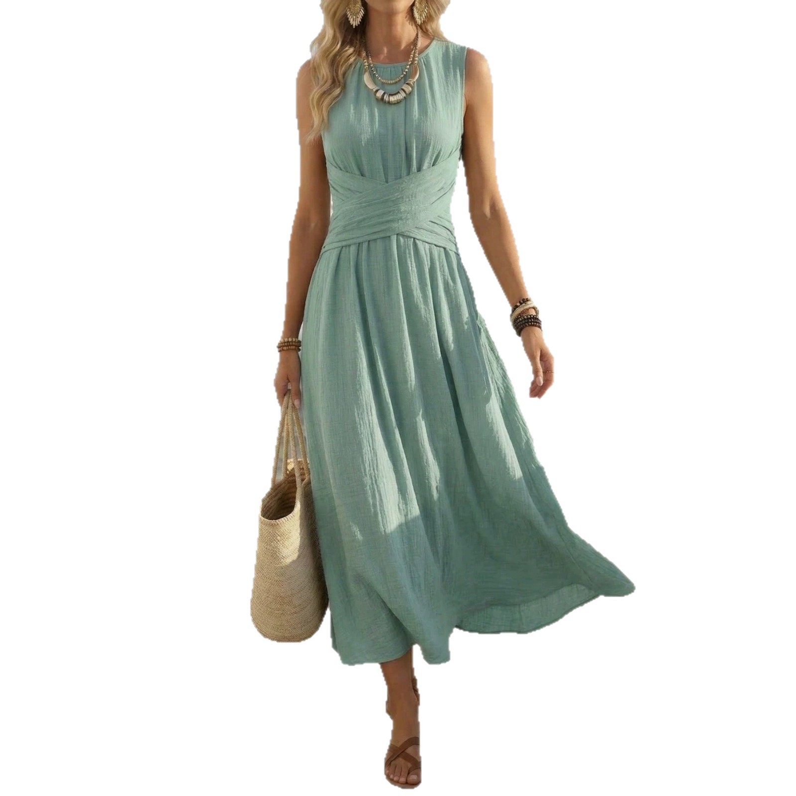 Women's Sleeveless Cross-Waist Maxi Dress A-Line High Waist Elegant Vacation