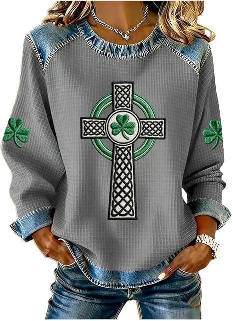 Women's Cross & Clover Print Crewneck Sweatshirt