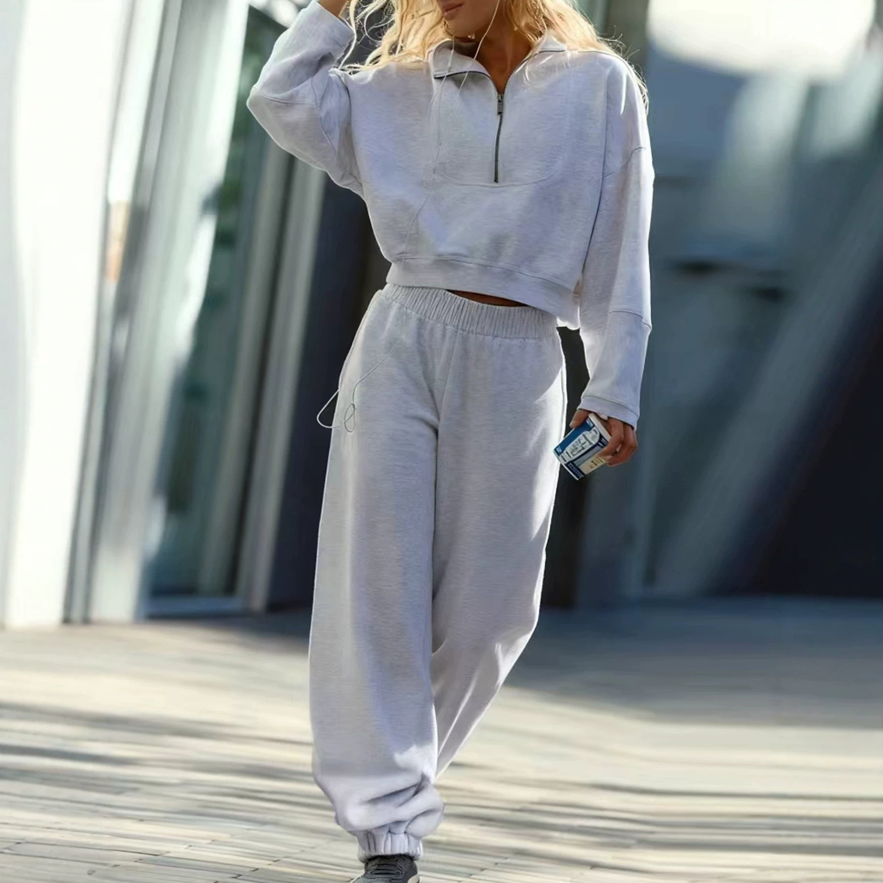 Women's Half-Zip Pullover Sweatshirt and Pants Set Casual Solid Color