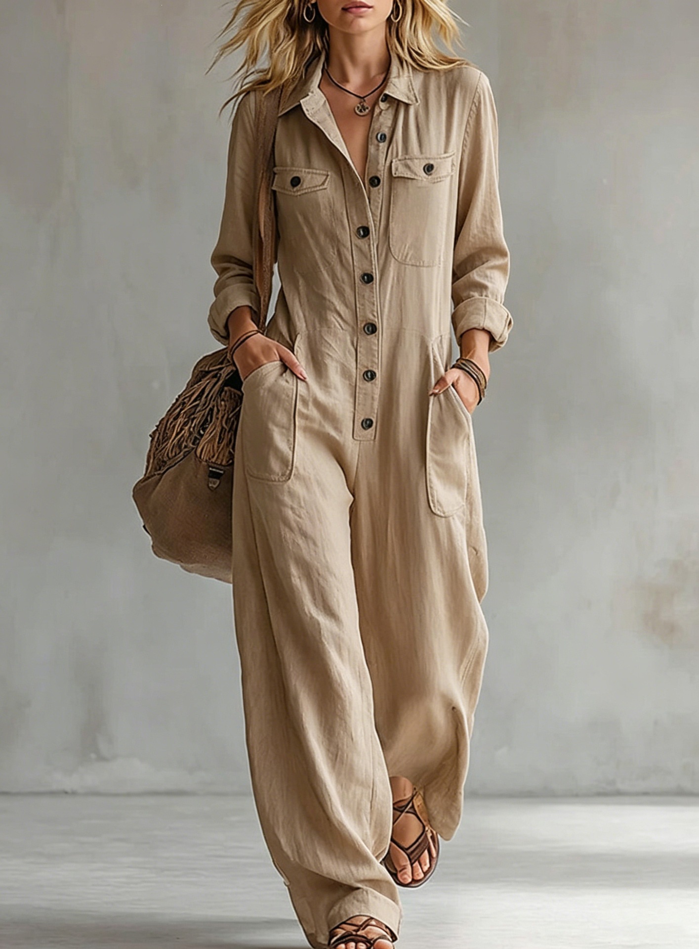 Women's Linen-Blend Cargo Jumpsuit with Collar, Long Sleeve, Wide Leg, Loose Fit