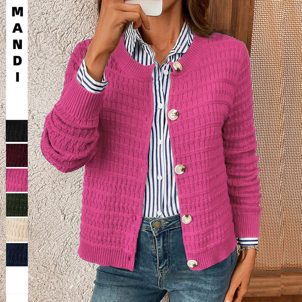 Women's Solid Color Crewneck Knit Cardigan Sweater