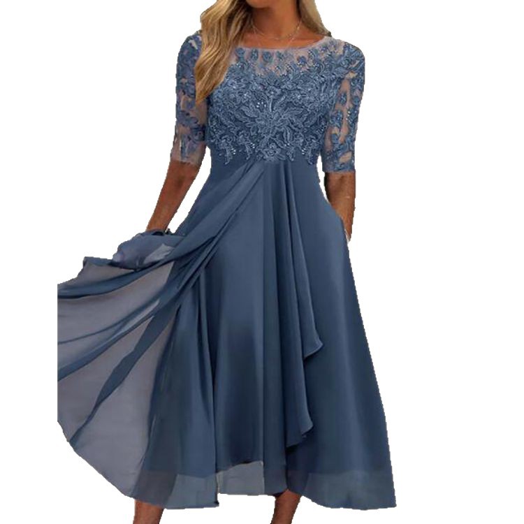 Chiffon Lace Hollow-Out Long Dress Round Neck Short Sleeve High Waist Bridesmaid Evening Gown