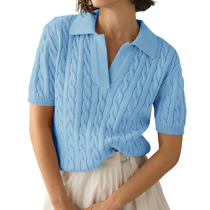 Women's Polo Collar Short Sleeve Cable Knit Sweater