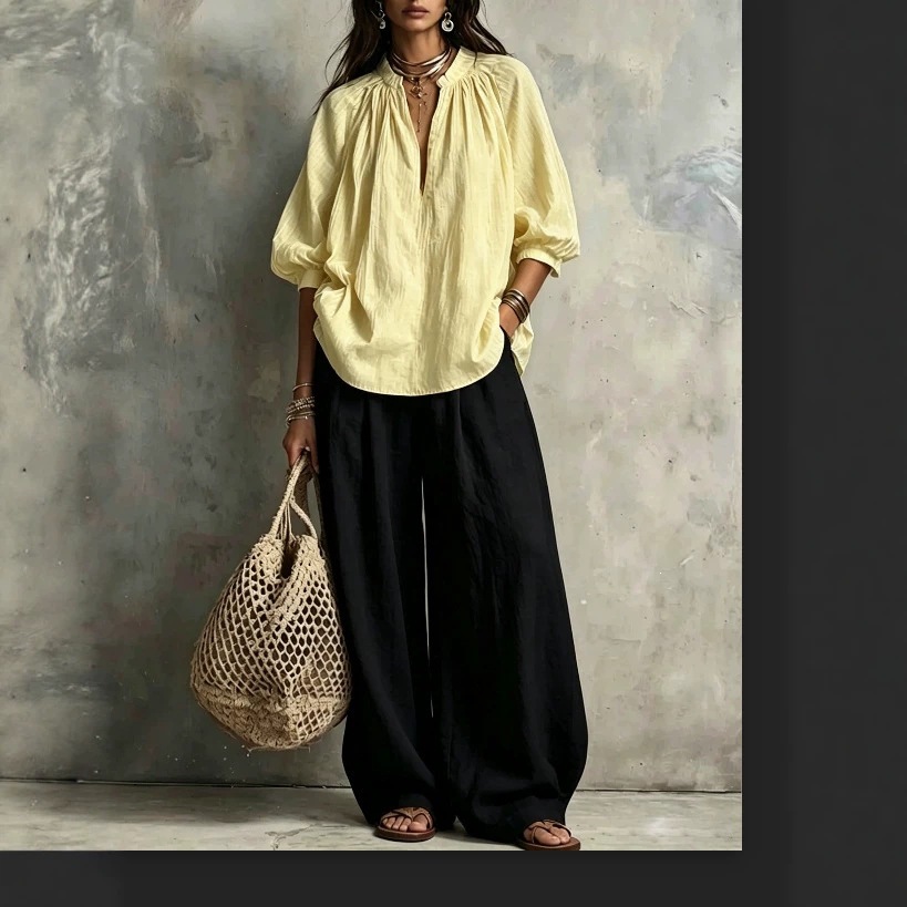 Women's Solid Color Stand Collar Lantern Sleeve Top & Wide-Leg Pants Two-Piece Set