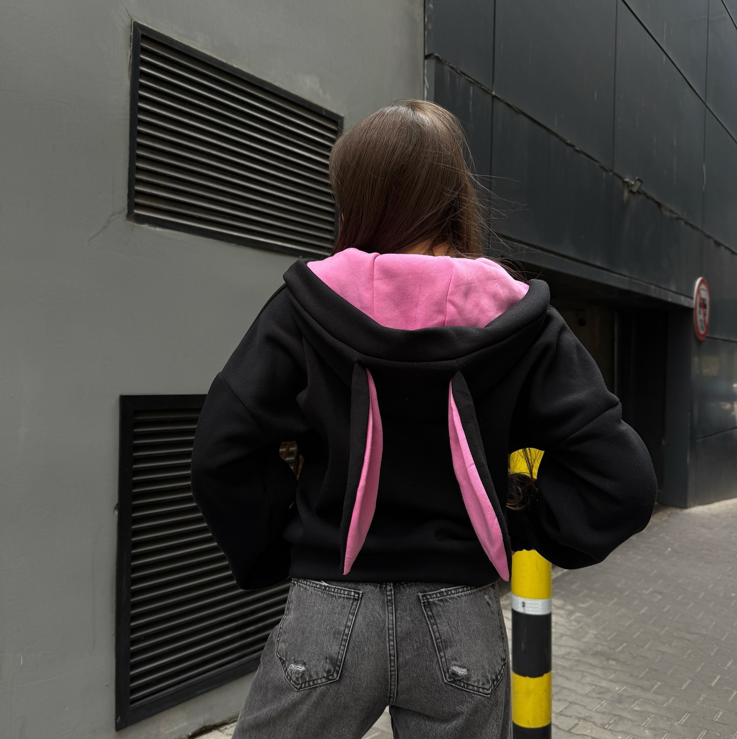 Colorblock Long-Sleeve Hooded Bunny Ear Zip Hoodie for Women