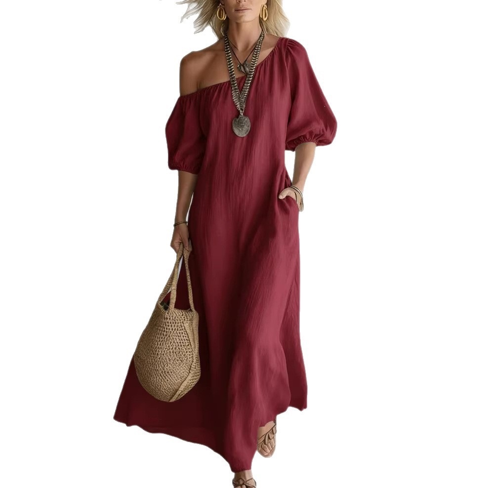 Women's Solid Color Loose One-Shoulder Long Cotton-Linen Dress