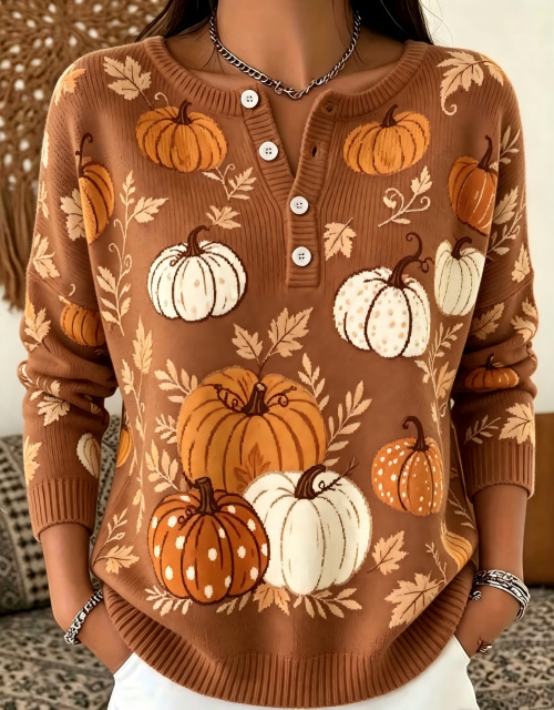 Women's Pumpkin Print Button-Up Casual Sweatshirt