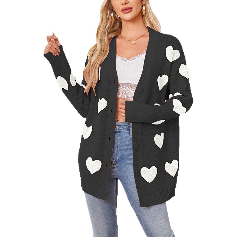 Heart Jacquard Knit Cardigan V-Neck Button Midi Length