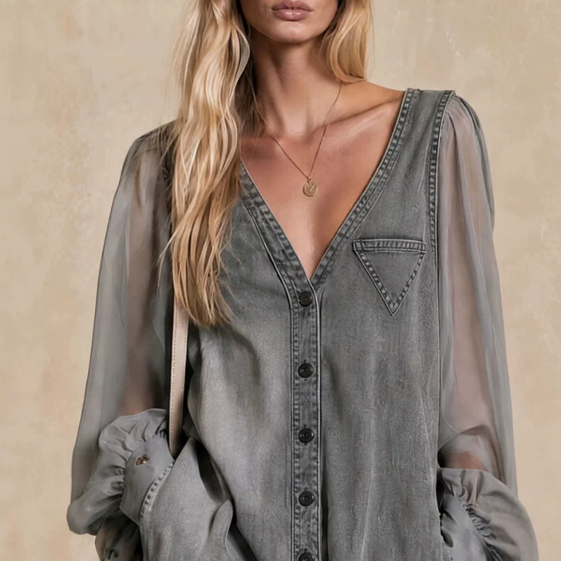 Retro Gray V-Neck Wide-Leg Denim Jumpsuit