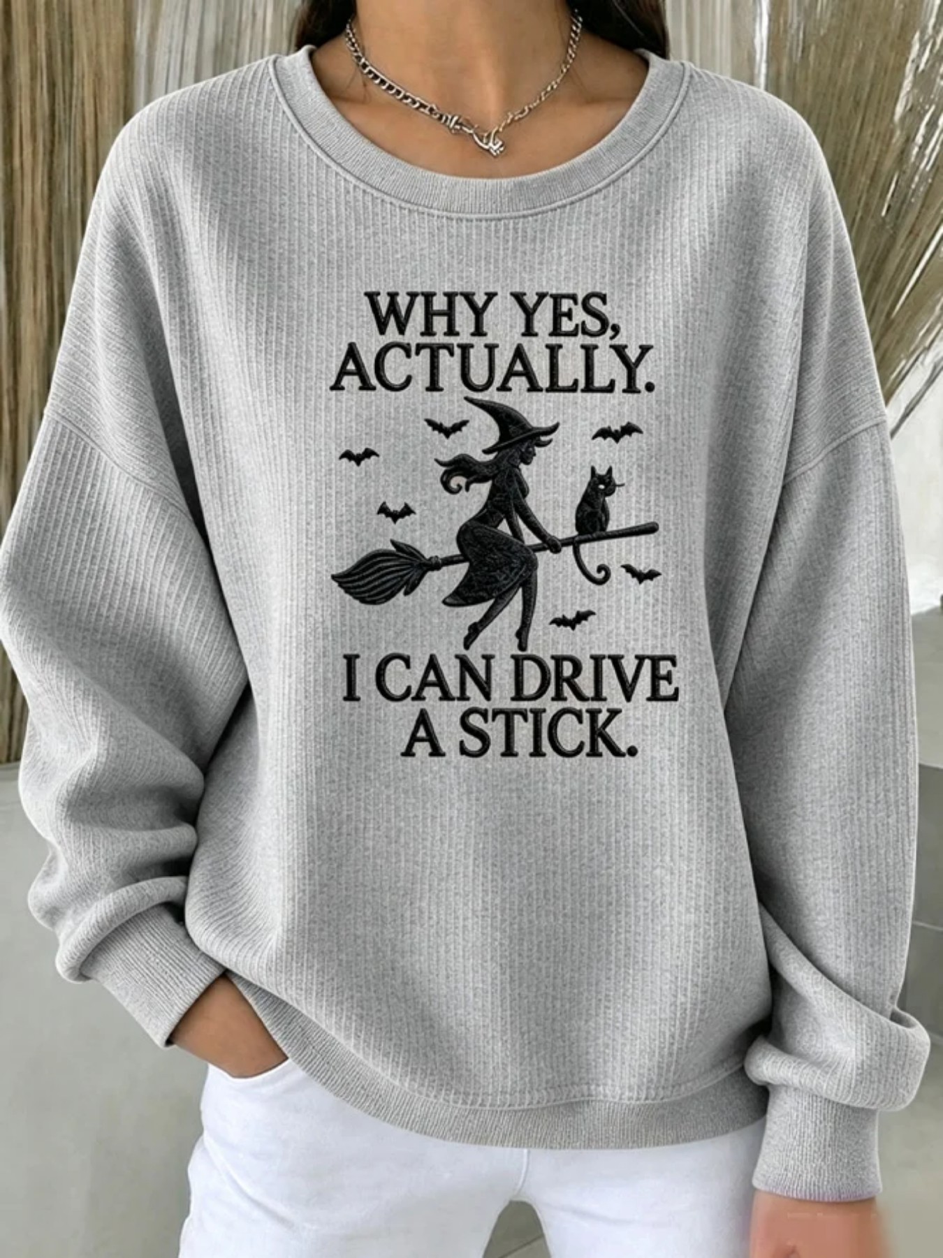 Halloween Witch Broom Print Crewneck Long-Sleeve Pullover Sweatshirt